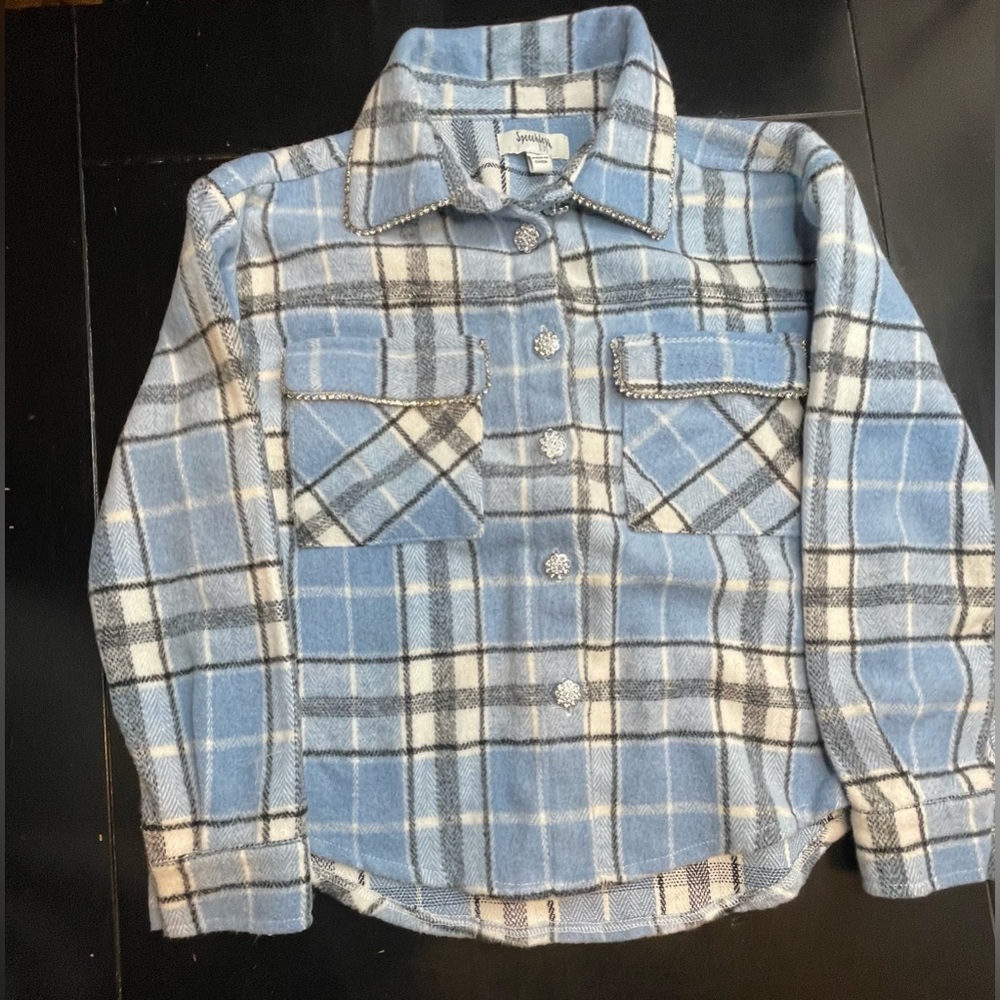 Speechless Kids Small Blue Plaid Flannel Shirt with rhinestones